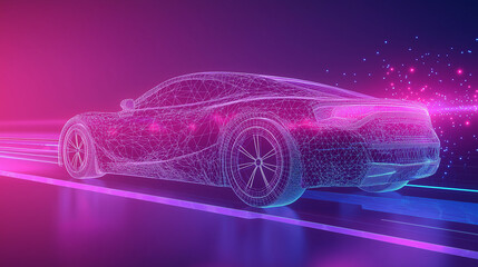 Naklejka premium Future Sport Car. Low poly wireframe illustration on technology light purple background.