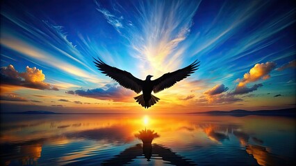 Naklejka premium Silhouetted wings spread wide, soaring bird draws a sharp, contrasting line across a vibrant, gradient-blue morning sky, evoking freedom and limitless possibilities.