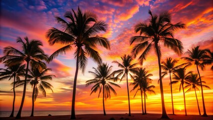 Silhouetted palm trees stand tall against a vibrant orange and pink sunset sky, their delicate fronds etched against the fading light of a tropical day.