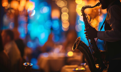 A saxophonist playing in a lively jazz club, with warm and cool bokeh lights creating a dynamic and atmospheric setting, capturing the essence of live music and vibrant nightlife
