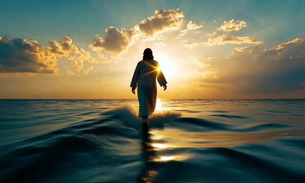 
An awe-inspiring depiction of christ walking on the sea, illustrating a powerful biblical moment. This image encapsulates the essence of faith, hope, and the divine connection with nature.