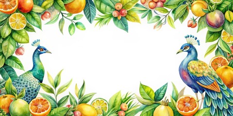 Obraz premium Watercolor frame featuring citrus fruits, leaves, and peacock birds, watercolor, frame, citrus fruits, leaves, peacock
