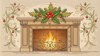 Obraz premium Simple, elegant line drawing of a cozy fireplace with ornate mantel, surrounded by warm, inviting flames and subtle festive holly motif accents.