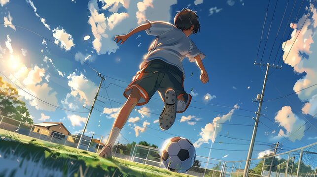 Anime young boy kicking ball while playing soccer