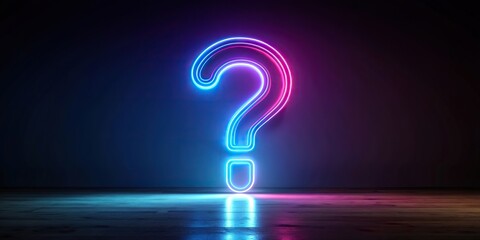 Neon question mark floating on a dark background, concept for doubt and questioning high angle, illustration, high angle view, technology, confusion, symbol, uncertainty