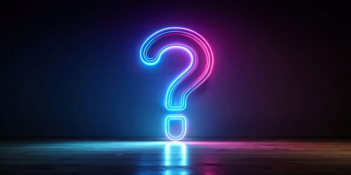 Neon question mark floating on a dark background, concept for doubt and questioning high angle, illustration, high angle view, technology, confusion, symbol, uncertainty