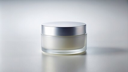 Minimalist frosted cosmetic jar on light background tilted at an angle, cosmetic, container, skincare, beauty, light background, simple, trendy, glass, makeup, fashion, hygiene, accessory