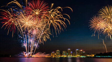 A fireworks display against the night sky, Waterfront fireworks

