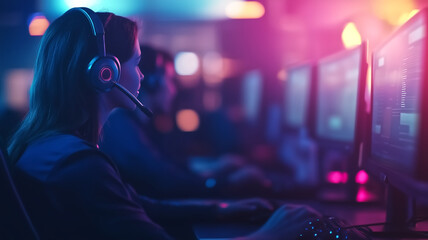 Customer Service Representative Working at Computer in Modern Office with Neon Lighting