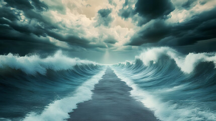 Sea separate up to form canal. Bible miracle of Moses parting red sea for passage