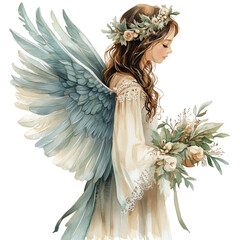 Watercolor Illustration of a Beautiful Angel with Wings Flowers and a Wreath, isolate on white background