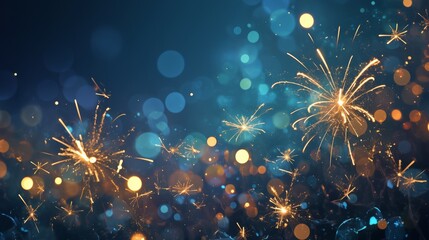 Fototapeta premium Abstract New Year Background with Cheering Crowd, Blue and Gold Fireworks, and Bokeh Lights on Dark Blue Night Sky Texture, Ideal for Holiday Celebrations