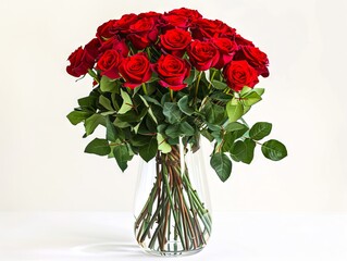 A vase filled with red roses on a white table