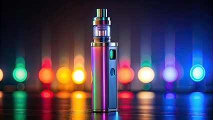 Sleek, colorfully illuminated vaping device with adjustable settings and rechargeable battery, lying on a dark background with a subtle gradient and blurred lights.