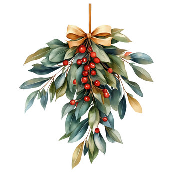 Watercolor Illustration of Mistletoe with Red Berries and a Gold Bow, isolate on white background
