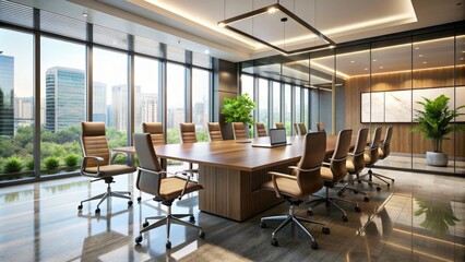 Sleek conference room with large glass table, ergonomic chairs, and minimalist decor, flooded with natural light, perfect for collaborative business discussions.