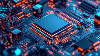 Obraz premium Close-up view of a futuristic microprocessor on a circuit board with glowing elements. Ideal for tech and electronics concepts.