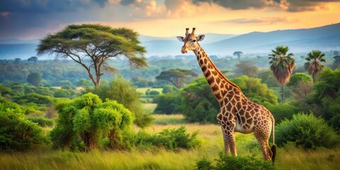 Obraz premium Majestic giraffe in lush African landscape with dense foliage and trees in background, giraffe, majestic, African, landscape, green