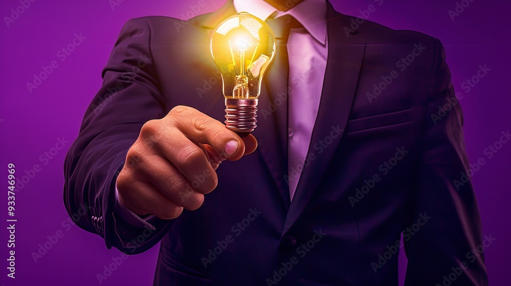 Wall mural businessman pointing to bright idea bulb on violet background