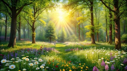 A sun-drenched enchanted forest clearing with a flowering meadow, vibrant, greenery, peaceful, lush,enchanted, wildflowers, tranquil, foliage, clearing, landscape, blooming, magical © Sayfar