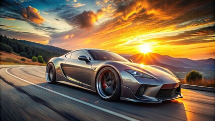 Obraz premium Sleek, high-performance sports car with custom chrome rims, lowered suspension, and bold aerodynamic kit, speeding down a winding road at sunset.
