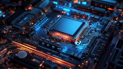 Fototapeta premium Close-up view of a futuristic microprocessor surrounded by glowing circuit traces and electronic components.