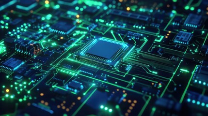 Obraz premium Close-up view of a glowing circuit board with intricate patterns and vibrant colors, showcasing technology and innovation.