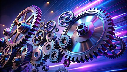 Fototapeta premium Sleek, metallic gears and cogs in motion, set against a mesmerizing gradient of deep blues and purples, evoking a futuristic, high-tech atmosphere.
