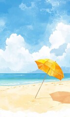 Beach Scene with Umbrella, Blue Sky, and White Clouds in Cartoon Style, Watercolor Brush Strokes, Fresh and Dreamy Poster
