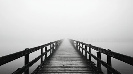 A black and white photograph of a foggy pier extending into the distance