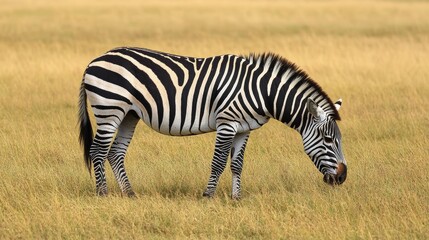 Obraz premium A black and white zebra grazing in a field, its stripes creating a natural pattern