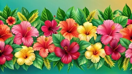Fototapeta premium Seamless hibiscus hybrid border/pattern with vibrant flowers and lush green leaves , tropical, seamless, hibiscus, hybrid, border