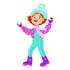 Happy girl playing snowballs. Winter outdoor activity. Child in bright winter clothes. Cartoon kid isolated on a white background. Hand-drawn flat vector illustration.