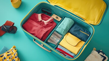 Open suitcase with neatly packed clothes, accessories, and travel essentials, ready for a vacation, perfect for packing and travel tips