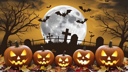 Tormented background with of pumpkins, a graveyard and bats in a full moon. Halloween festivities.