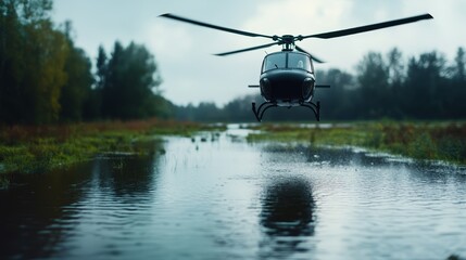 Overhead view of a rescue helicopter conducting a search operation over a waterlogged countryside, symbolizing the efforts to combat an ecological crisis