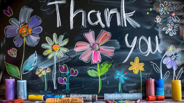 Thank You Card. Written by Chalk on the Blackboard with Flower Drawing.