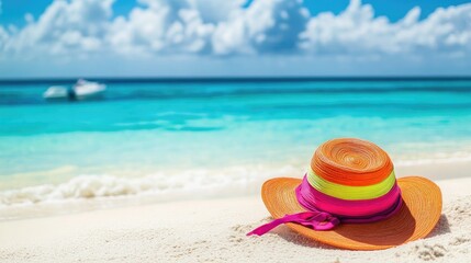Obraz premium Brightly colored bikini on a tropical beach, with soft sand and clear blue waters, perfect for summer style and beachwear themes