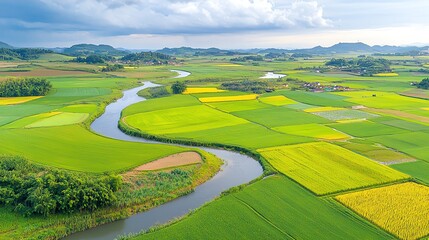 Aerial view of lush green fields with a winding river, showcasing vibrant landscapes under a cloudy sky.