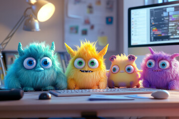 Adorable Furry Monsters in a Creative Workspace - Cute Cartoon Creatures with Big Eyes at a Desk