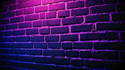Brick wall illuminated with purple and pink neon light.