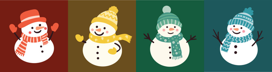 Set of snowmen on color background, funny design elements, flat vector, new year, merry christmas