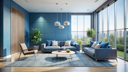 Sleek modern living room with a calming blue accent wall, minimalist decor, and plenty of natural light pouring in through the floor-to-ceiling windows.