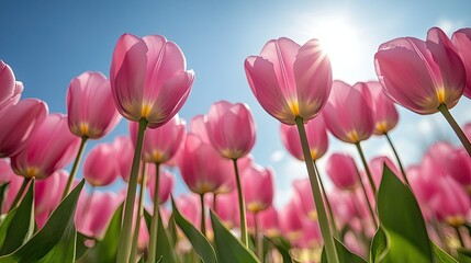 Obraz premium A field of pink tulips in full bloom under a bright blue sky during springtime