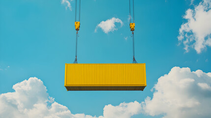 Yellow shipping container being lifted by crane against a blue sky with white clouds.