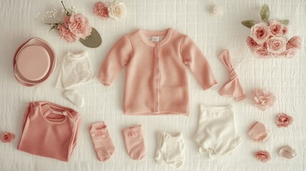 A flat lay of rose-colored baby clothes and accessories arranged neatly on a white bedspread
