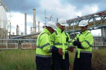 Group of three male engineers inspecting the work together and discussing the work at petroleum oil refinery in engineering industrial estate Fuel, renewable energy, industrial plants.