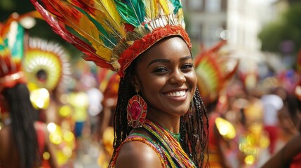 Fototapeta premium Close-Up of Performer in Vibrant Feathered Headdress at Notting Hill Carnival with Detailed Makeup and Elaborate Caribbean-Inspired Costume