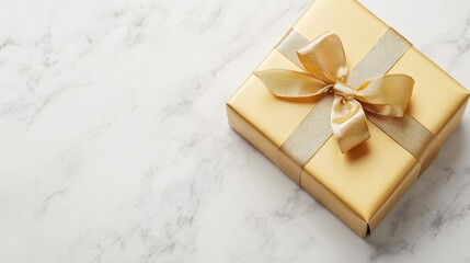 A gold foil-wrapped gift box with a ribbon, placed on a white marble surface