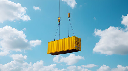Yellow shipping container being lifted by crane against a blue sky with white clouds.